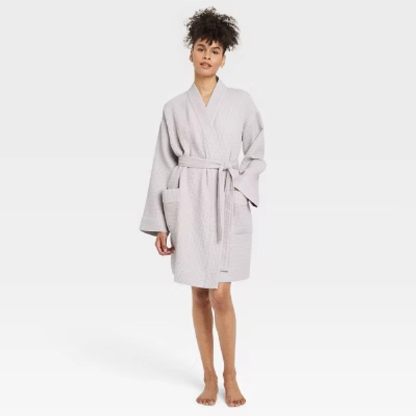 Women's Waffle Robe - Auden™ Light Gray M/L: Front Tie, Long Sleeve