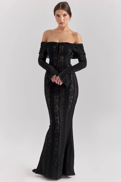 Belle Black Off Shoulder Floral Lace Maxi Dress