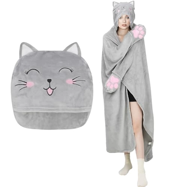 MSISILY Gatti Coperta con Maniche, Coperta Indossabile con Cappuccio Donna, Plaid con Maniche Donna Uomo, Plaid Divano 160x130cm - Grigio Gatti