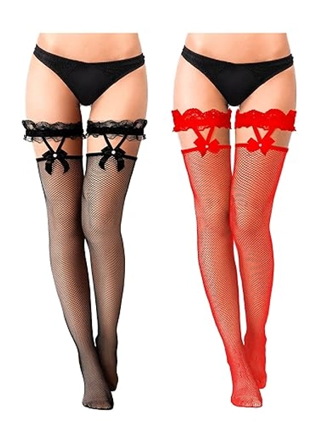 SATINIOR 2 Pairs Lace Top Fishnet Stockings Bow Suspenders Thigh High Stockings Mesh Hold up Stockings for Women