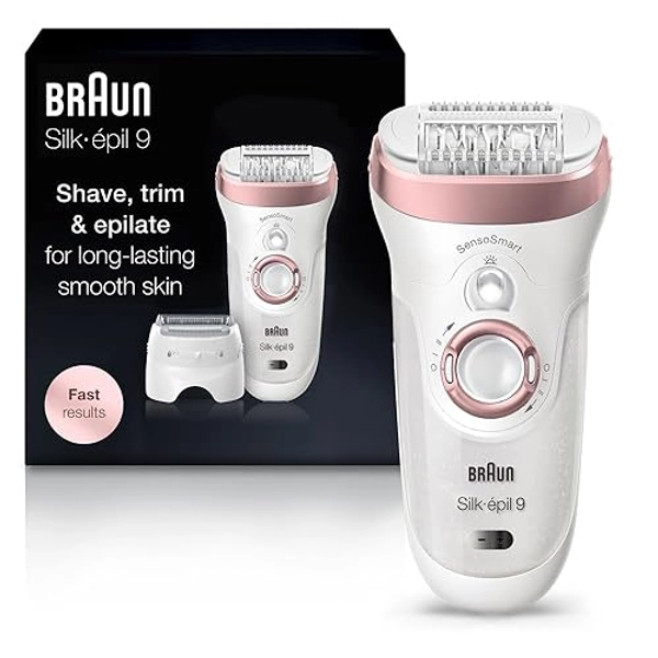 Braun Epilator Silk-épil 9 9-720, Hair Removal Device, Epilator for Women, Wet/Dry, Waterproof, 3-in-1 Epilate, Shave, or Trim, Salon-Like Smooth Skin, Womens Shaver & Trimmer, Cordless, Rechargeable