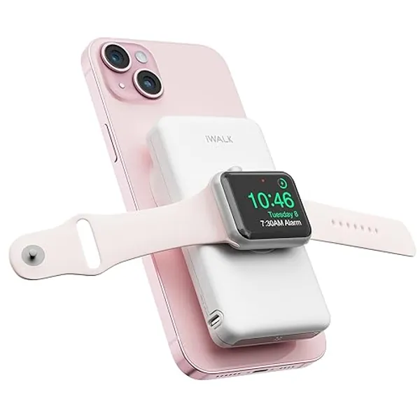 iWALK MAG-X Magnetic Wireless Power Bank with iWatch Charger,10000mAh PD Fast Charging Portable Charger Compact Battery Pack Compatible with iPhone 15/14/13/12 Series,Apple Watch Ultra/8/7/6/5/4 - White