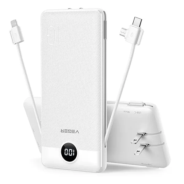VEGER Portable Charger for iPhone Built in Cables and Wall Plug, 10000mah Slim Fast Charging USB C Power Bank, Travel Essential Battery Pack Compatible with iPhones, iPad, Samsung More Devices(White) - B White