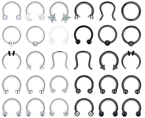 Milacolato 16G Nasenpiercing Ring Edelstahl Septum Piercing Set, Schwarz Silber Hufeisen Nasenring 10mm, Helix Daith Knorpel Ohrringe Nostril Piercing Schmuck für Damen Herren 30St - Schwarz-silber-ton