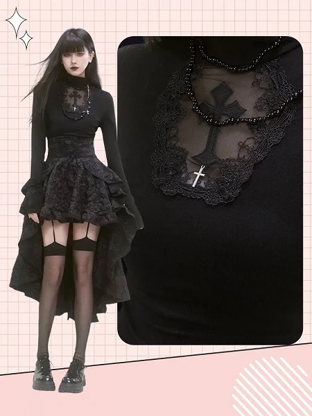 [$25.43]Gothic Black High Neck Cross Applique Cutout Detail Top