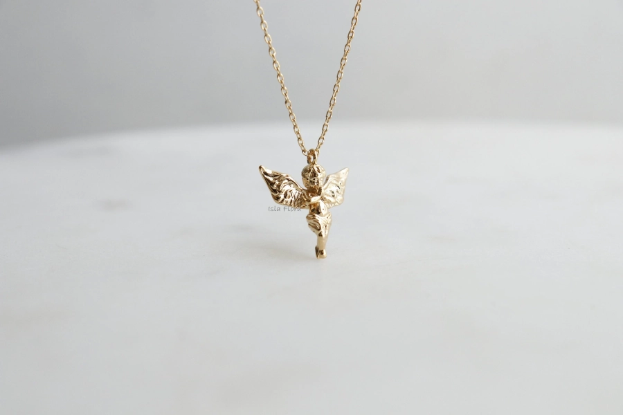 Dainty Praying Baby Angel Necklace • Retro 18k Gold Dipped Detailed Wings Fine Minimalist, Gothic 90's, Simple y2k Jewelry, Best Friend Gift
