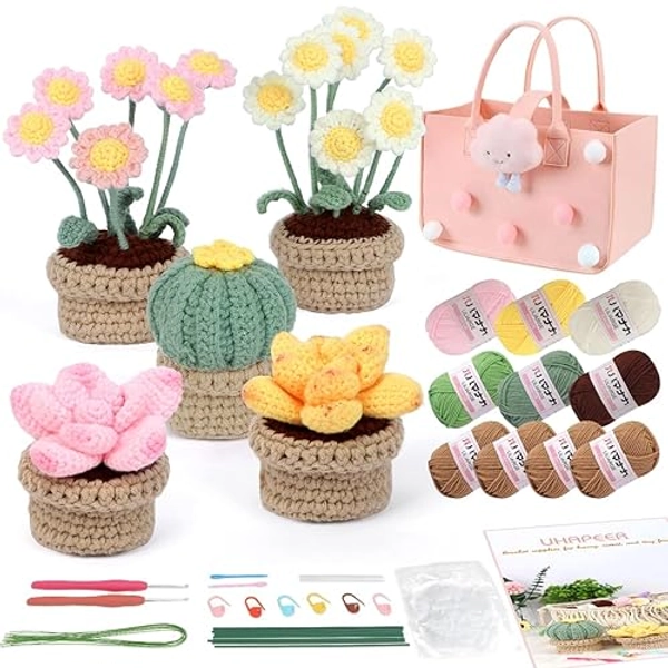 Beginner Crochet Kit, 5 Pcs Potted Plants, Complete Crochet Kit for Beginners Adults Kids, Crochet Kit with Step-by-Step Instruction and Video Tutorials, Crochet Knitting Starter Kit