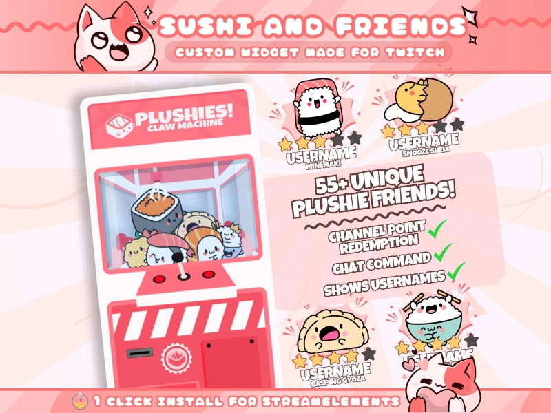Sushi Plushies Claw Machine Widget for Twitch Streamers | Chat Command | Resizeable | Animated Game | Sound | Streamelements 1 Click Setup