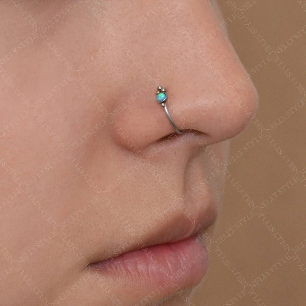 Implant Grade Titanium Nose Ring 18g with Opal - Nose Hoop