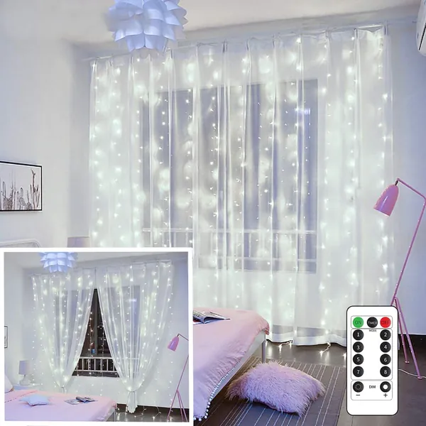YEOLEH String Lights Curtain,USB Powered Fairy Lights for Bedroom Wall Party,8 Modes & IP64 Waterproof Ideal for Outdoor Wedding Decor (White,7.9Ft x 5.9Ft) - White