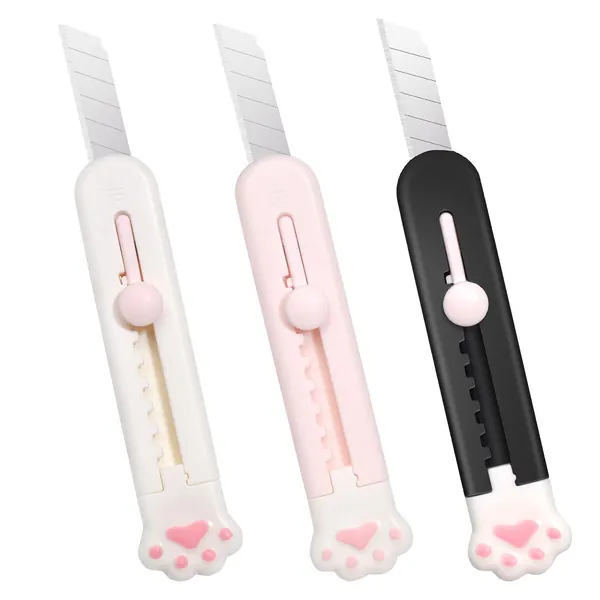 Leven Cute Retractable Box Cutters, 3 Utility Knife, Sharp Cartons Cardboard Cutter Razor Knife for Christmas, Smooth Mechanism Perfect for Office and Home Use - Cat Paw (3 Pack)