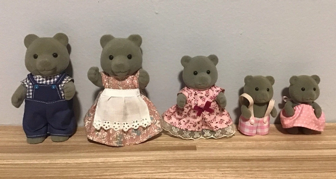 Vintage Sylvanian Families Calico Critters Evergreen Grey Bear Family Of Five