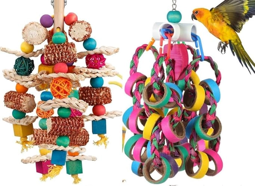 lovyoCoCo Parrot Toys Bird Toys Natural Corn Cob Bird chew Toys Bird Parrot Foraging Shredder 24 Pcs Colorful Bagel Chewy Rings