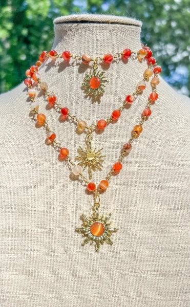 Carnelian Sun Charm Wire Wrapped Gold Necklace/Crystal Beaded Gold Sun Choker/Gemstone Necklace/Sun Choker/Hippie Choker/Crystal Jewelry