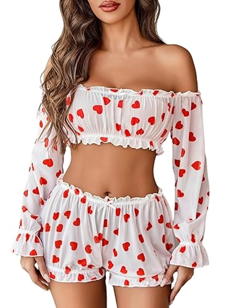 Avidlove Lingerie Sets for Women Sexy Long Sleeve Off Shoulder Ruffle Bra and Panty Set