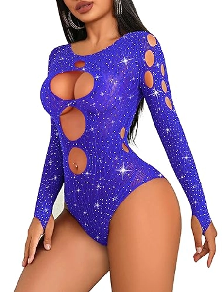 Avidlove Women's Lingerie Rhinestone Fishnet Bodysuits Sexy Body Suit Mesh Top Rave Outfits One Piece Teddy Lingerie