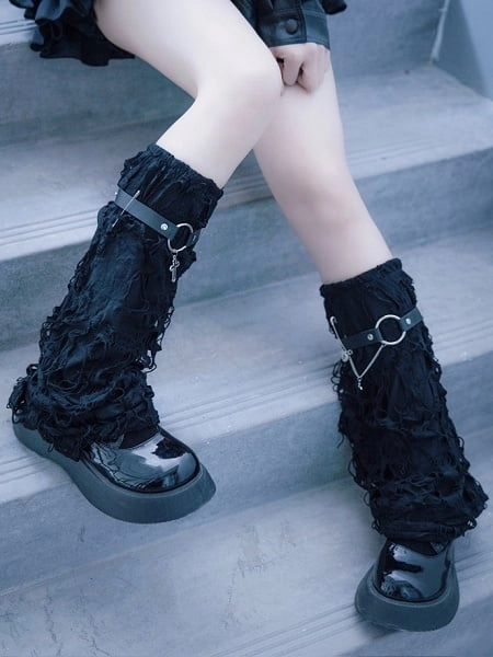 [$16.99]Cross Decorated Distressed Holes Gothic Black Leg Warmers