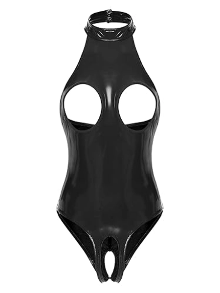YiZYiF Women's Sleeveless Wet Look Glossy Patent Leather Catsuit Hollowing Out High Cut Bodysuit