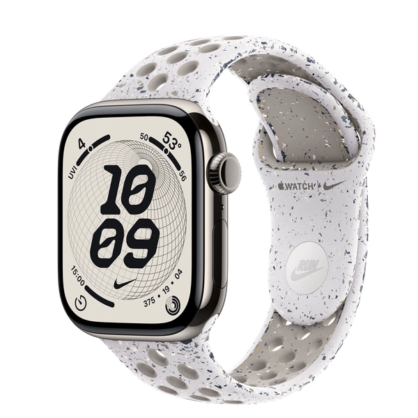 Apple Watch Series 11 GPS + Cellular, 42mm Natural Titanium Case with Veiled Grey Nike Sport Band - S/M