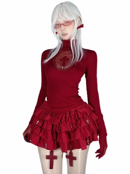 [$42.00]Gothic Red Coffin Cutout Cross Detail Modal High Neck Top Asymmetrical Hem