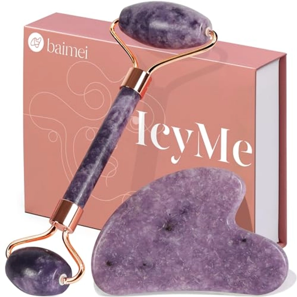 BAIMEI Jade Roller & Gua Sha Set Face Roller and Gua Sha Facial Tools for Skin Care Routine and Puffiness, Self Care Gift for Men Women - Purple