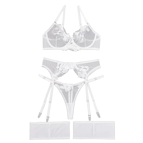 Lilosy Sexy Leaf Floral Embroidered Mesh Sheer Women Underwire Push Up Lingerie Set - Small - Flower White