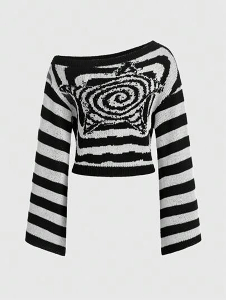 ROMWE Grunge Punk Women's Asymmetrical Collar Striped Sweater With Star Pattern