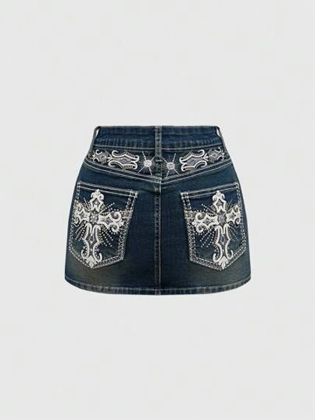 ROMWE Grunge Punk Y2K Vintage Style Crop Top Tight Mini Skirt With Cross & Wing Embroidery Detail, Includes Leggings