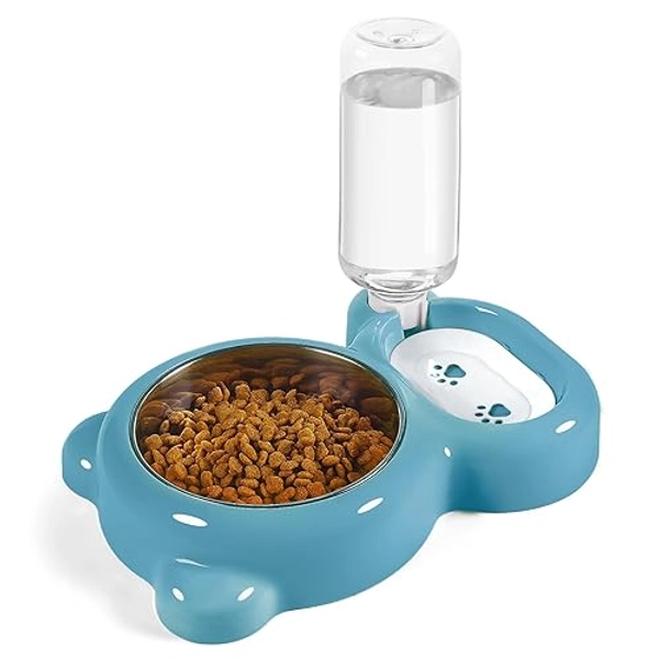 Dog Bowls, Cat Food and Water Bowl Set with Water Dispenser and Stainless Steel Bowl for Cats and Small Dogs - Blue
