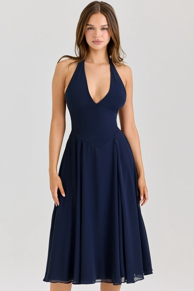 Solada Navy Georgette Halter Sundress
