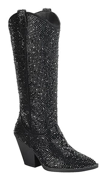 Forever Women Rhinestone Western Cowboy Pointed Toe Knee High Pull-on Boots