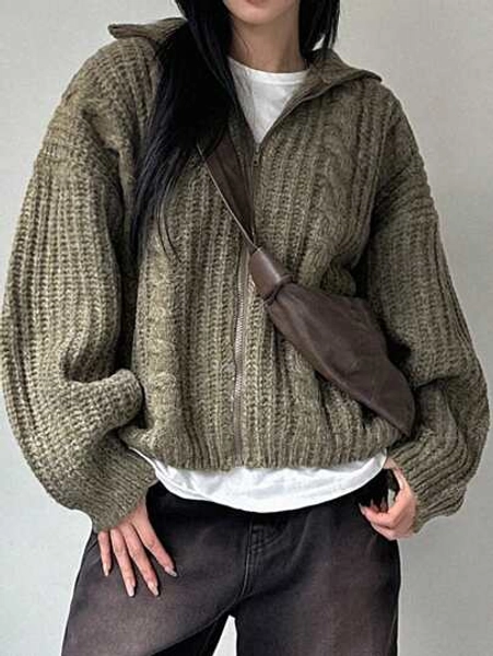 Dazy-Less Cardigan com Zíper na Frente e Ombros Caídos, Jaqueta com Mangas Três Quartos