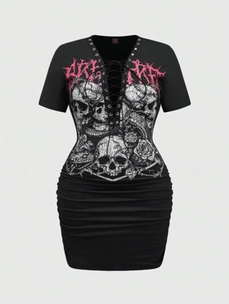 ROMWE Grunge Punk Plus Size Punk Skull Gothic Snake Print Metal Lace-Up Sexy Deep V Bodycon Ruched Plus Size Dress, For Summer