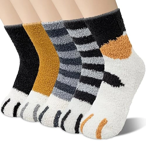 YSense Fuzzy Socks for Women 5 Pairs Warm Fluffy Socks Winter Slipper Socks Soft Cute Cat Animal Socks