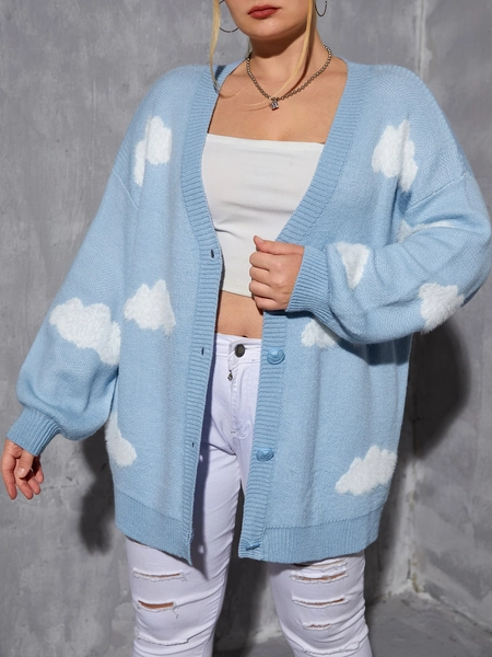 SHEIN EZwear Plus Clouds Pattern Drop Shoulder Cardigan, For Winter