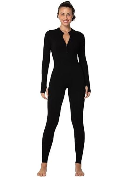 Sunzel Long Sleeve Jumpsuits for Women, Ribbed One Piece Casual Yoga Workout Zip Front Bodycon, Legging Fit & Thumbhole