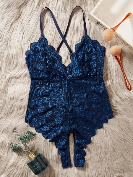 Classic Sexy Plus Floral Lace Scallop Trim Teddy Bodysuit