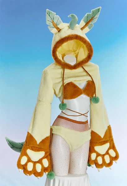 PM Derivative Yellow Brown Sexy Cosplay Bikini Lingerie Set Kawaii Homewear Big Claw Hoodie Bra and Panty with Fishnet Stocking