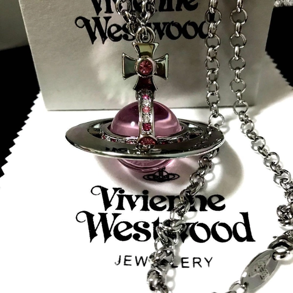 Vivienne Westwood Small Orb Necklace Silver Pink IN BOX Set Chain 80cm Top 4.5cm