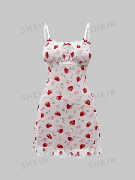 ROMWE Kawaii Women's Summer Casual Strawberry Floral Sling Mini Dress
