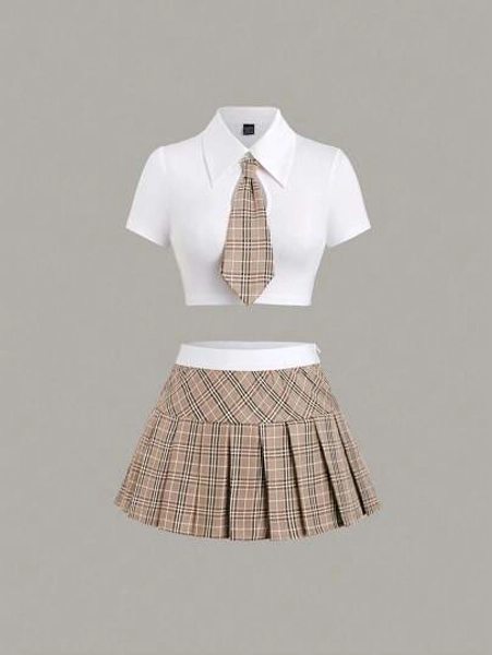 Sweetra 2 sztuki/zestaw: Jednokolorowy top polo z kołnierzykiem i plisowana spódnica w kratę Strój Y2K