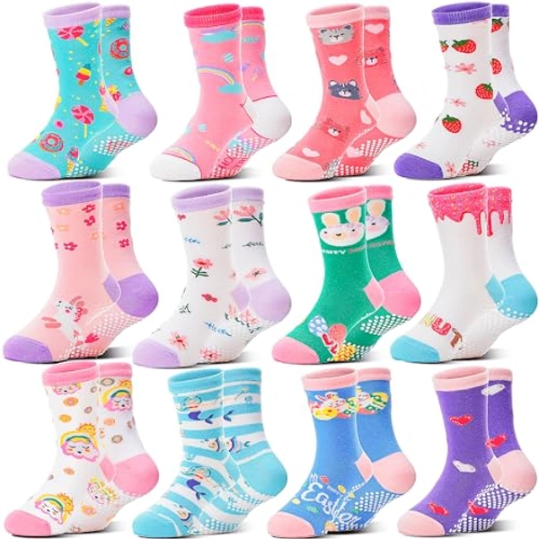 Welwoos Baby Girls Toddlers Grips Socks 12 Pairs Kids Anti Slip Non Skid Animal Funny Cartoon Crew Breathable Cotton Socks