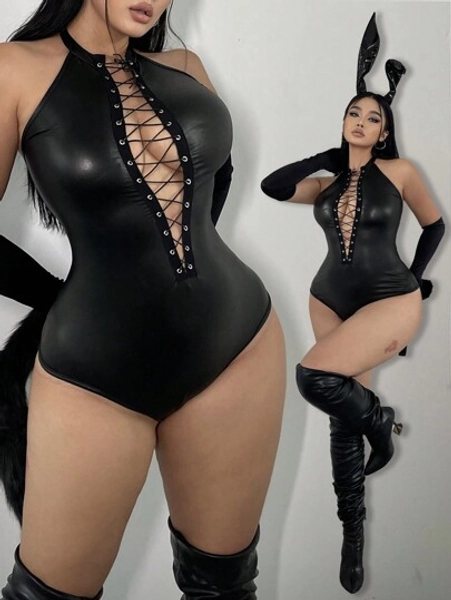 Whyspr Goth Punk Plus Size Halloween Party Nightclub Performance Sexy Lace-Up Bandage Backless Black Faux PU Tight High Stretch Catsuit