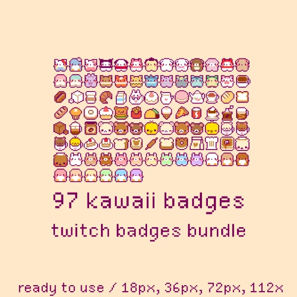 97 Kawaii Pixel Twitch Sub Bit Badges, Twitch Stream Emotes, Kawaii Characters, Food, Bakery, Rainbow, Bunny Set, Bundle
