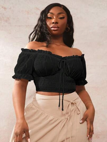 SHEIN SXY Women's Plus Size Bohemian Solid Color Ruffle Off Shoulder Short Sleeve Blouse