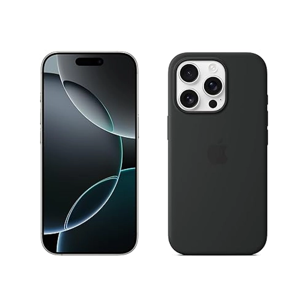 Apple iPhone 16 Pro 128 GB - Titan Weiß + Silikon Case mit MagSafe – Schwarz