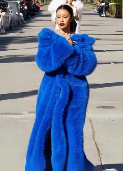 Cardi B Blue Long Fur Coat