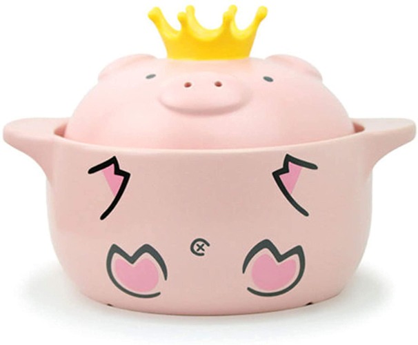 Cute ceramic stone bowl with cover, used for cooking hot pot, bibimbap and soup, pink pig pot，Hand-painted ceramic casserole（4000ML）