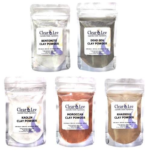 ClearLee Cosmetic Grade Clay Powders Variety Pack - Kaolin, Bentonite, Dead Sea, Moroccan, Rhassoul Clay - 5 Pack - 100% Pure Natural Powder - Great for Sampling and Discovering Best Clay for Skin