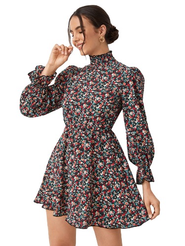 Verdusa Women's Long Sleeve Mock Neck Floral Print A Line Short Flared Dress